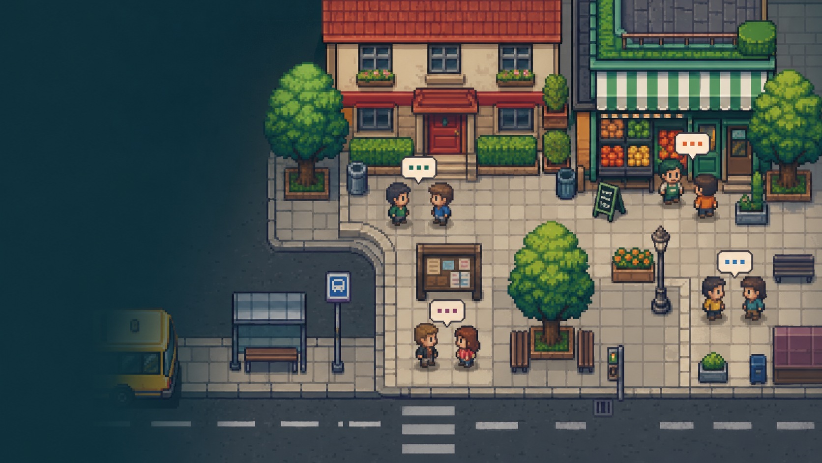 Generated Minimondo key art showing a top-down pixel-art town plaza where small groups of neighbors talk.